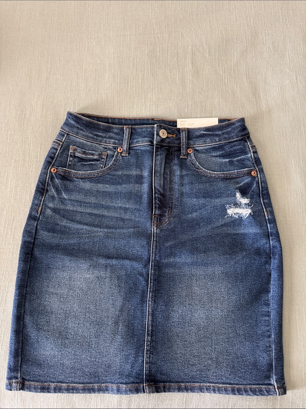 Women's Dark Blue Denim Skirt with Subtle Distress